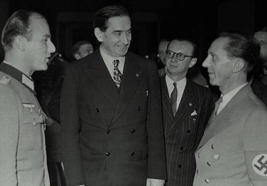 Goebbels Joseph, politician NSDAP - in conversation with the French Propaganda Minister Philippe Henriot, who is in Berlin - published June 13, 1944