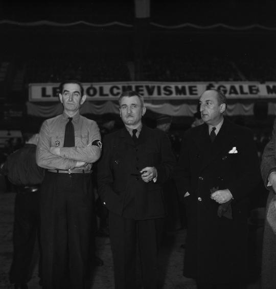 Philippe Henriot, Joseph Darnand, Fernand de Brinon. Europe united against Bolshevism. Conference at the Velodrome.